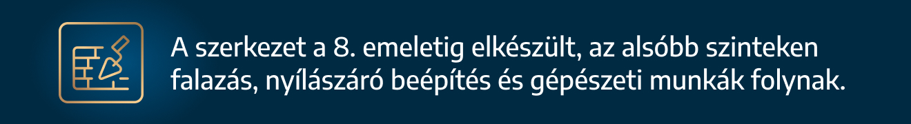 A szerkezet a 8. emeletig elkészült, az alsóbb szintekenfalazás, nyílászáró beépítés és gépészeti munkák folynak.